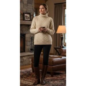 Aran Crafts Irish Merino Wool Fisherman Turtleneck Sweater M